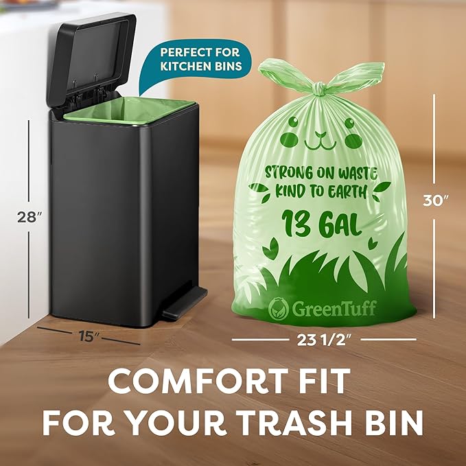 13 Gallon Compostable Trash Bags (40 Count) — Leakproof Plant-based Thick (1.1 Mil) Tall Kitchen Garbage Bags — ASTM D6400 BPI Certified — Heavy-Duty Large Food Scrap Liner Bag with Handle-Tie