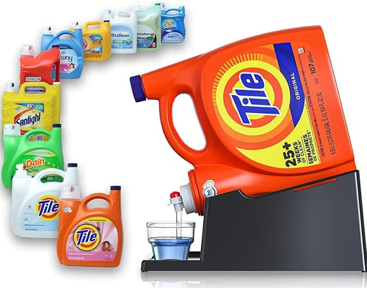 TidyFriend Liquid Laundry Detergent Holder Stand with Drip Tray & Rubber-Grip Feet, Stand for Laundry Room Organization and Storage, Fabric Softener Dispenser with Cup Holder for Easy Pouring (Black)