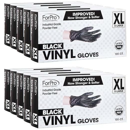 ForPro Professional Collection Disposable Vinyl Gloves, Black, Industrial Grade, Powder-Free, Latex-Free, Non-Sterile, Food Safe, 2.75 Mil. Palm, 3.9 Mil. Fingers, X-Large, 100-Count (Pack of 10)