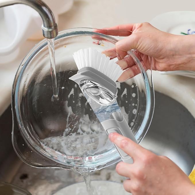 SetSail Dish Brush, Dish Cleaning Brush with Stainless Steel Handle and Replace Head Kitchen Dish Scrub Brush with Soap Dispenser for Pot Sink Pan Cleaning, Grey