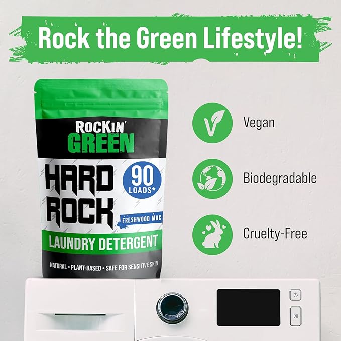 Rockin' Green Hard Rock Laundry Detergent for Hard Water (90 Loads), Plant based, Natural Laundry Detergent Powder, Biodegradable Odor Fighter, Safe for Sensitive Skin, 45 oz (Freshwood Mac)