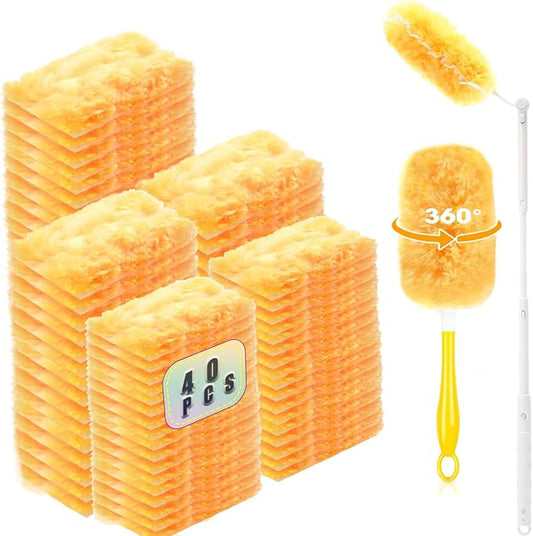 Duster Refills Compatible with Swiffer Duster, 360 Heavy Duty Multi Surface Duster Replacement with 1 Short Handle and 3FT Extenda Handle for Cleaning Furniture, Blind, Ceiling Fans(yellow-360-40pack)