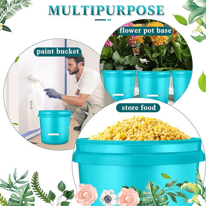 6 Pack 2 Gallon Plastic Bucket with Lid Heavy Duty Pail with Metal Handle Reusable Small Multipurpose Paint Buckets Container for Food Storage(Sky Blue)
