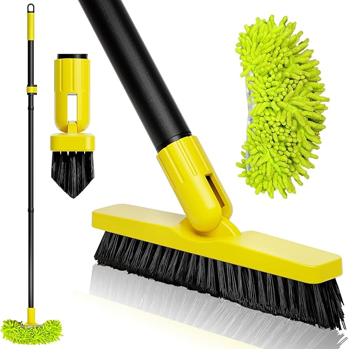 Grout Brush with Long Handle, Rotation Tile Grout Cleaning Tool, Wall Cleaner Mop, Baseboard Scrubber with 1 Chenille Duster for Painted Walls, Floor and Corners, V-Shape Shower Scrubber Cleaner -59in