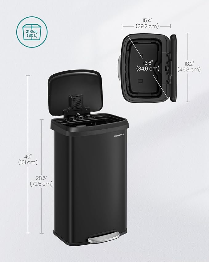 SONGMICS Kitchen Trash Can, 21 Gallon (80 L) Stainless Steel Garbage Can, with Stay-Open Lid and Step-on Pedal, Soft Closure, Tall, Large and Space-Saving, Black ULTB534B01