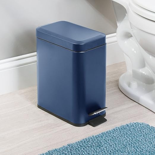 mDesign Small Modern 1.3 Gallon Rectangle Metal Lidded Step Trash Can, Compact Garbage Bin with Removable Liner Bucket and Handle for Bathroom, Kitchen, Craft Room, Office, Garage - Navy Blue