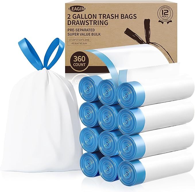 Small Trash Bags 2 Gallon, 360 Count -1.2 Mil Drawstring Mini Garbage Bags, White Plastic Trash Can Liners for Bathroom Accessories, 7.5 Liter, Bedroom, Dorm Room Essentials, Office