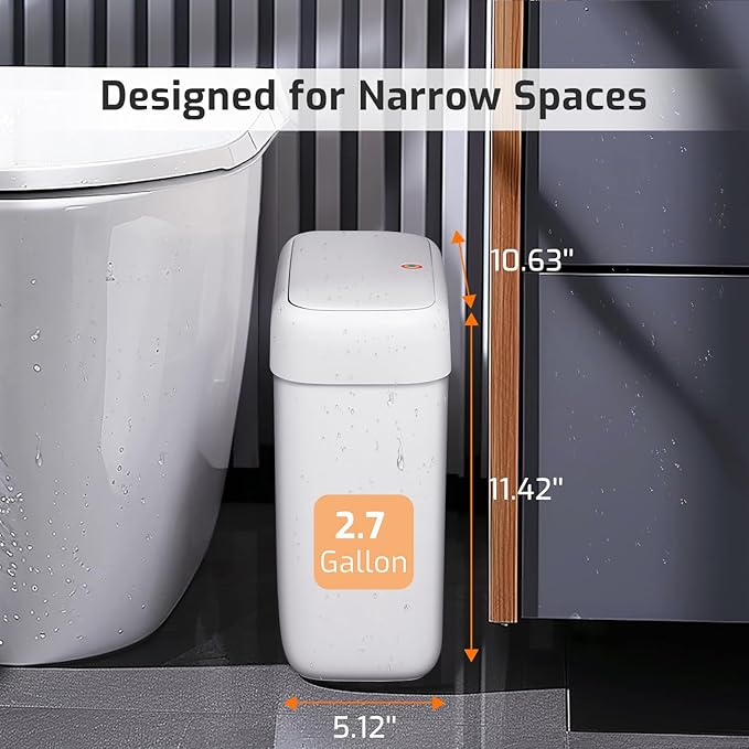 MOPALL Small Bathroom Trash Can with Lid, 2.6 Gallons / 10 L Slim Plastic Garbage Bin with Pop-Up Lid, Mini Waste Basket Can Dog Proof for Kitchen, Bedroom, Office, Laundry, Toilet, Rv, White