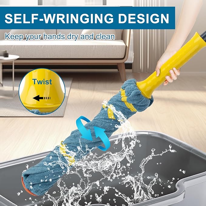 KeFanta Self-Wringing Twist Mop, Microfiber Cloth Wet Mops for Floor Cleaning, 57" Long Handle Floor Mop with Top Scouring Pad for Kitchen Hardwood Restaurant Bathroom Garages Warehouses Office