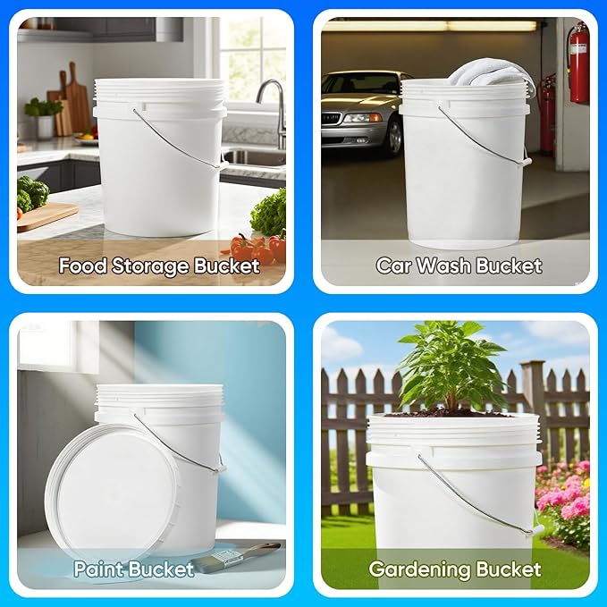 DEMORA 5 Gallon Food Grade Bucket with Screw Lid, Heavy Duty Plastic Buckets Containers for Food Storage, Plastic Pail with Metal Handle for Water Cleaning Paint Gardening, BPA Free (White, 3 Pack)