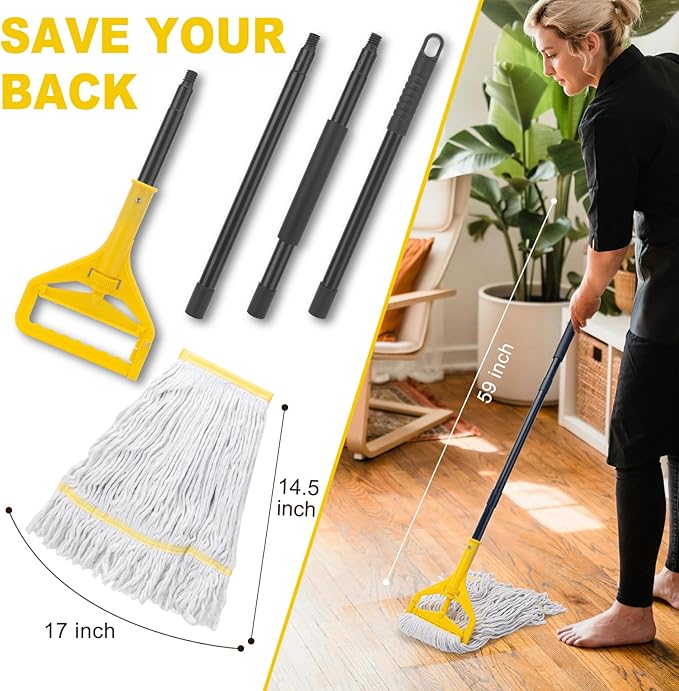 Commercial Mop with 3 Extra Large Replacement Heads,59" Long Handle Heavy Duty Industrial Mops for Floor Cleaning,Looped-End String Wet Cotton Mop for Home,Kitchen,Office,Garage,Concrete/Tile Floor