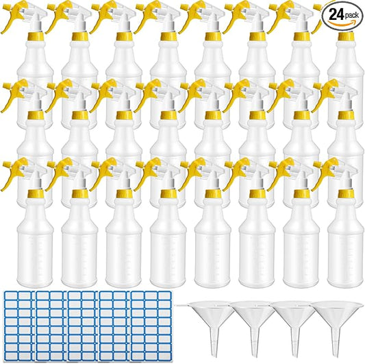 Zubebe 24 Pack 32 oz Plastic Spray Bottle Bulk Empty Leakproof Heavy Duty Spray Bottles for Cleaning Supplies Mist Bottles with Label and Adjustable Nozzle for Plant(Yellow,Clear Scale)