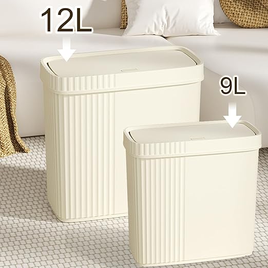 UUJOLY Small Bathroom Trash Can with Lid Slim Wastebasket Garbage Can Plastic Container Basket Trash Bin for Kitchen, Laundry Room, Office, Kids Room, Dorm, Beige, 3.2 Gallon