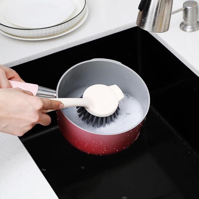 3 Pack Multifunctional Kitchen Dish Scrubber Brush with Built-in Scraper, Dish Brush with Handle,Kitchen Scrub Brushes for Cleaning, Dish Scrubber with Stiff Bristles for Sink, Pots, Pans