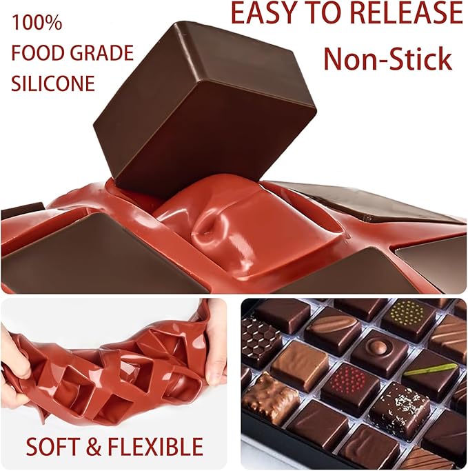 Mini Square Silicone Molds, 2 Pack 40-Cavity Caramel Candy Gummy Molds for Chocolate Mini Ice Cube Jelly Truffles