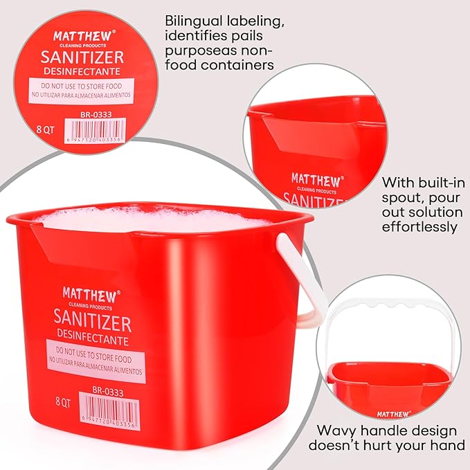 Matthew Detergent&Sanitizing Cleaning Bucket 8 Quart Plastic Pail,Set of 12 Square Containers,Built-in Spout w/Handle,Wash Rinse Sanitize Handwash Bucket for Home Office Commercial Restaurant (Red)