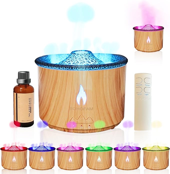 BOHOFAM Aroma Essential Oil Diffuser 360 ML,Volcano and Flame Diffuser/Humidifier,Give1.76 oz Hotel Collection Diffuser Oils,7 Colorful Light Change,Diffusers for Home,Large Room(Wood Grain)