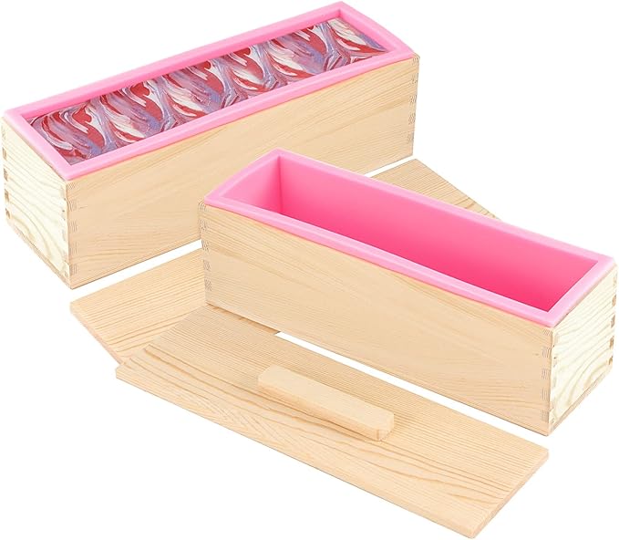 ZOENHOU Pack of 2 42 oz Pink Soap Molds, Flexible Rectangular Silicone Soap Making Molds Kit with Wood Box DIY Tool Set for Soap Making Supplies