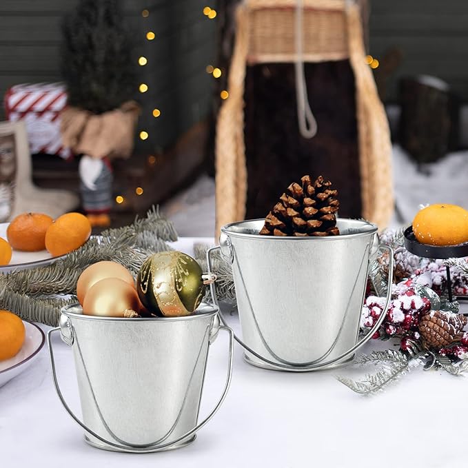 3.1" Galvanized Mini Tin Buckets – 12Pcs Silver Metal Buckets with Handle, Ideal for Party Favors, Bridal Shower and Craft Projects (Silver, 3.1")