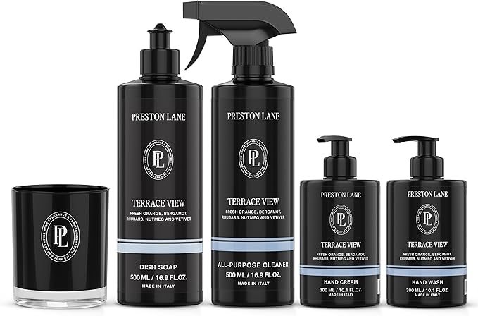 Preston Lane Signature Set, Includes All Purpose Cleaner, Dish Soap, Hand Wash, Hand Cream, & Scented Candle, Terrace View
