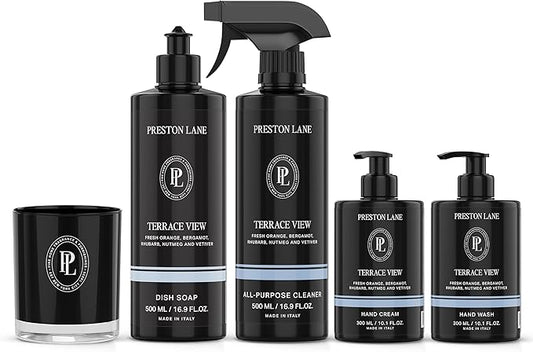 Preston Lane Signature Set, Includes All Purpose Cleaner, Dish Soap, Hand Wash, Hand Cream, & Scented Candle, Terrace View