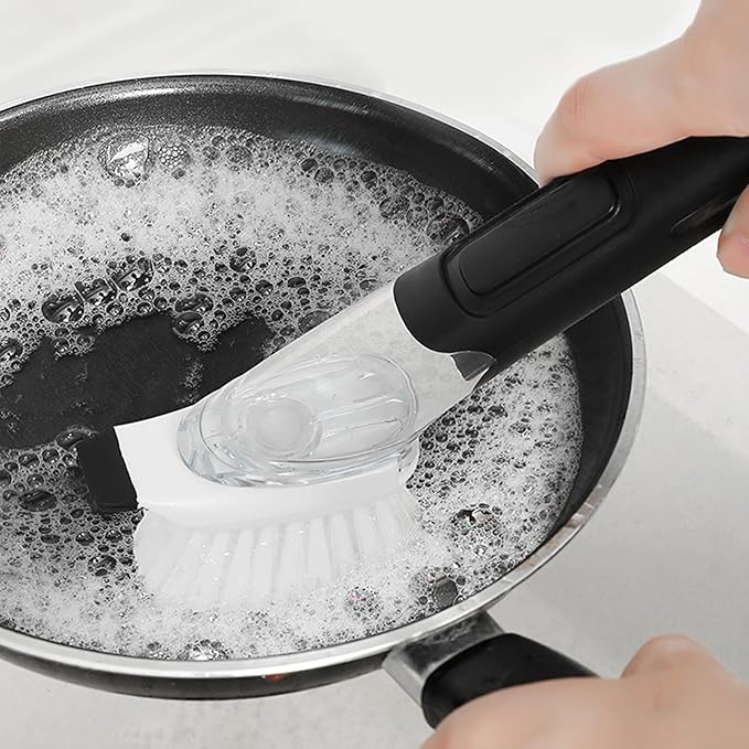 SetSail Dish Brush, Dish Cleaning Brush with Stainless Steel Handle and Replace Head Kitchen Dish Scrub Brush with Soap Dispenser for Pot Sink Pan Cleaning, Black