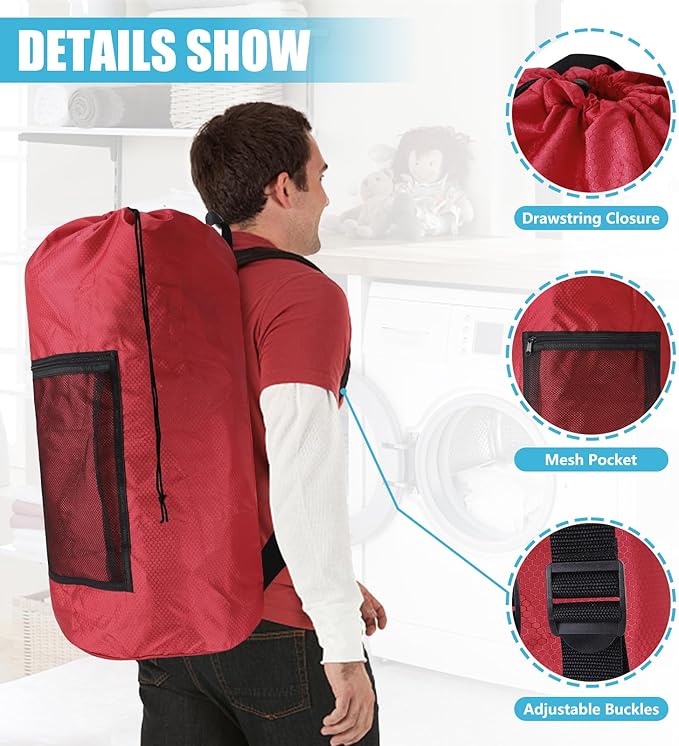 Portable Laundry Bag Backpack with Adjustable Straps, Drawstring Closure & Mesh Pocket - Perfect for College, Apartments, Camping (Red)