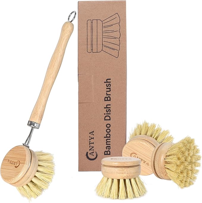 Bamboo Dish Brush with Handle - 4 Replacement Heads, Eco Soft Bristles Vegetable Brush Scrubber for Food, Compostable & Sustainable, Bamboo Dish Scrubber for Cleaning Kitchen Utensils