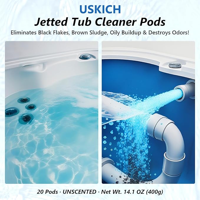 USKICH Jetted Tub Cleaner Bathtub- 20 Pods Jet Bathtub Cleaner,Jetted Tub Cleaning Solution Compatible with Spa Bath & Whirlpool,Septic Safe Bath Jet Scale and Residue Remover-1＋Year Supply