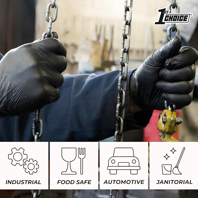 1st Choice Black Nitrile Gloves, Disposable, Latex-Free, 6 Mil, Textured, Industrial, for Mechanics, Cleaning, Automotive Use