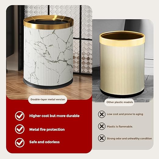 Small Fancy Bathroom Trash Can, Metal Trash can Covered with Leather, Open Top,Hide The Garbage Bag, Bathroom, Living Room, Bedroom, Office, Bank, Hotel (12l-Chinese Style)