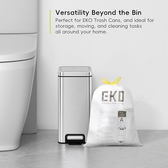 EKO 1.6 Gallon / 3-6 Liter, 80 Count Small Drawstring Trash Bags, Extra-Strong Unscented Garbage Bags, Easy-Dispense Roll for Kitchen & Household Use, Resists Tears, Leaks and Punctures, Code A, White