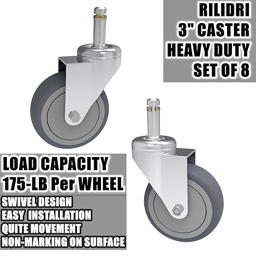 3-Inch Swivel Stem Caster, 7/16-Inch Stem Diameter Rubber Wheel, Heavy Duty TPR Replacement Wheels for Rubbermaid Mop Bucket Cart Grill Casters - 8 Pack