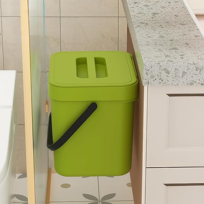 Countertop Compost Bin Kitchen, 1.8 Gallons Hanging Trash Can with Lid for Kitchen Cabinet Door, Under Sink, Wall Mounted Waste Bin for Bathroom, 7L(Lime Green)