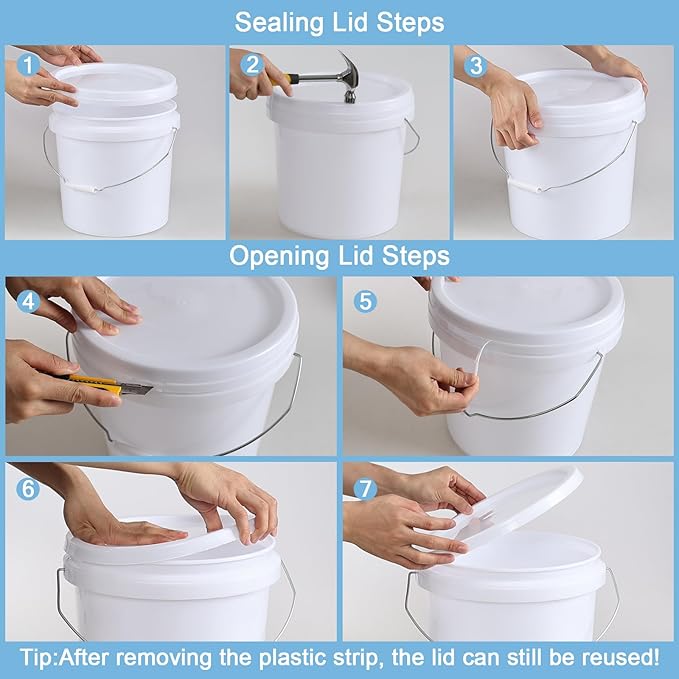 6 Pack 4 Gallon Plastic Storage Buckets Pails with Sealed Lids, Round Food Grade Buckets with Handle, White