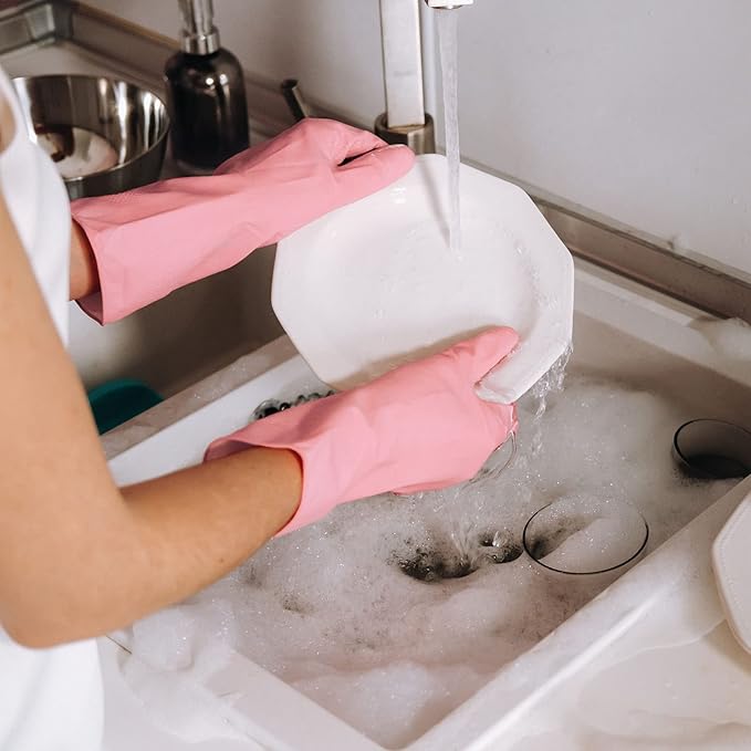 3 Pairs Rubber Cleaning Gloves Latex Free Dishwashing Gloves - 13" Reusable Nitrile Gloves Large, Green+Pink+Red