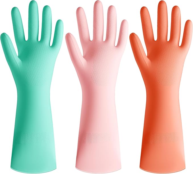 Rubber Cleaning Dishwashing Kitchen-Gloves - 3 Pairs Colorful Dish Gloves,Reusable Rubber Gloves for Dishwashing