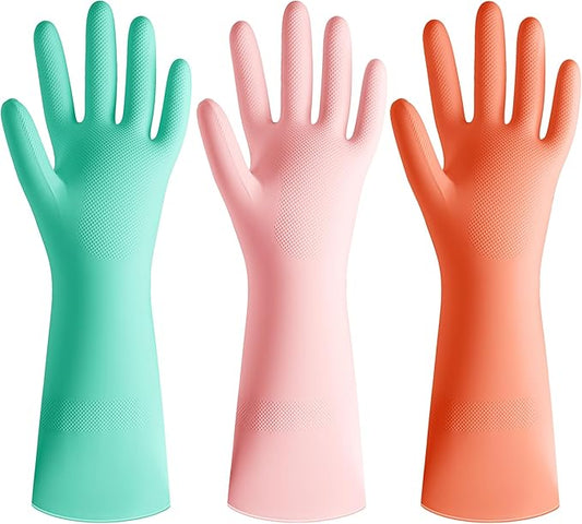 Rubber Cleaning Dishwashing Kitchen-Gloves - 3 Pairs Colorful Dish Gloves,Reusable Rubber Gloves for Dishwashing