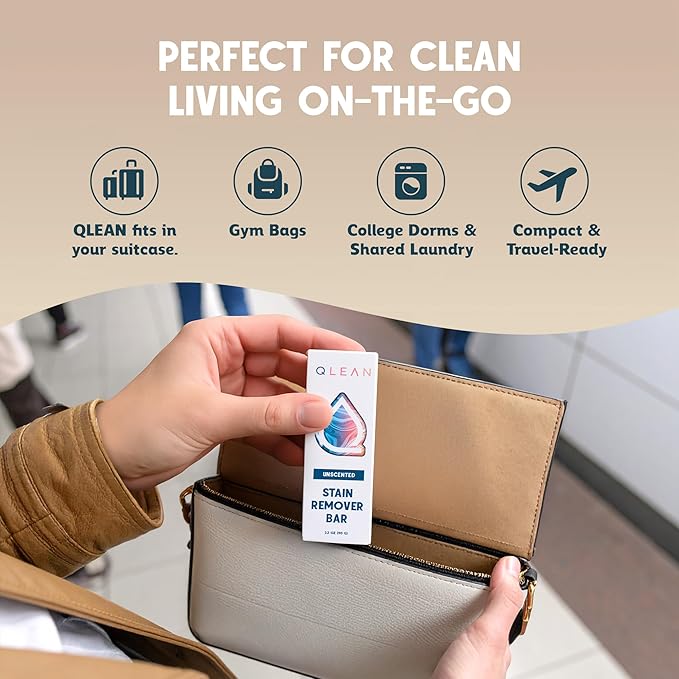 QLEAN Vegan Stain Remover Bar for Fabrics, Laundry Bar Soap for Clothes – Plant-Based, Travel-Friendly Stain Remover for Grease, Wine, Coffee, Grass & More – Non-Toxic & Safe for Delicates (3)