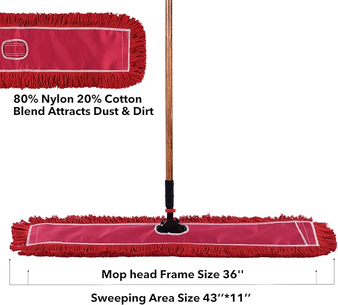 Matthew Cleaning 36'' Industrial Strength Cotton Dust Mop Refill Washable Replacement Heads for Residential & Commercial Use Fit Standard Dust Mop Frames, Hardwood, Concrete Floors Red 6 Pack