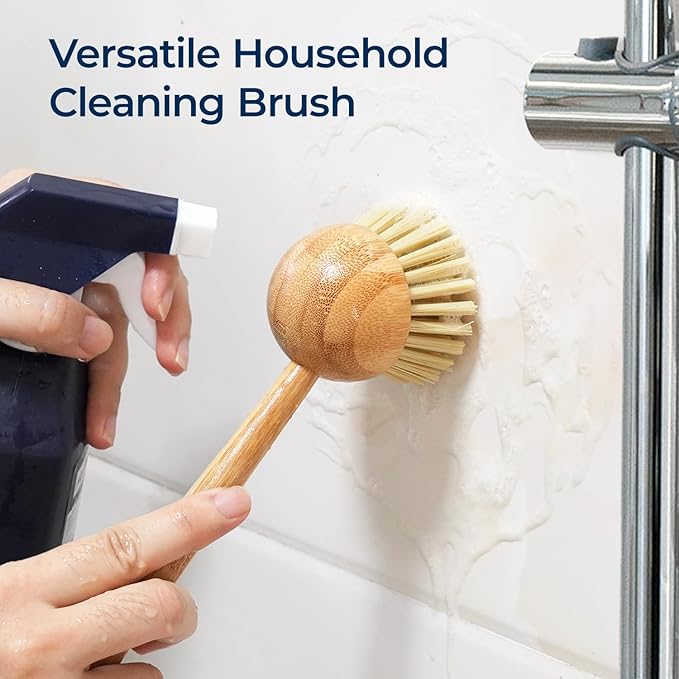 2 Pack Dish Brush with Handle, Bamboo Dish Scrub Brush, Kitchen Brushes for Dishes, Scrubber, Pots, Pans, Sink, Dishwashing Cleaning Brush