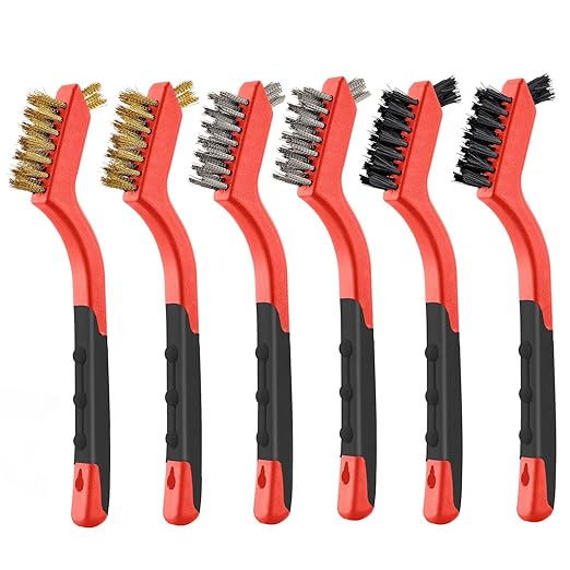 MAXMAN Wire Brush Set 6Pcs, Small Wire Brushes for Cleaning, Rust Remover, Scrub Brush, Detailing Brush, Metal Brush, Stainless Steel/ Brass/ Nylon Bristles Bristle Brush, Scratch Brush, (Red)