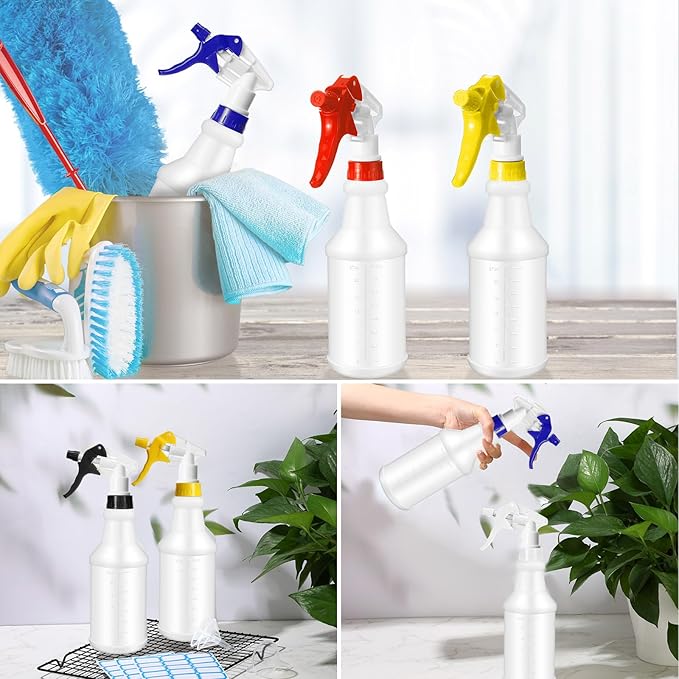 Zubebe 24 Pack 32 oz Plastic Spray Bottle Bulk Empty Leakproof Heavy Duty Spray Bottles for Cleaning Supplies Mist Bottles with Label and Adjustable Nozzle for Plant(Multicolor A,Clear Scale)