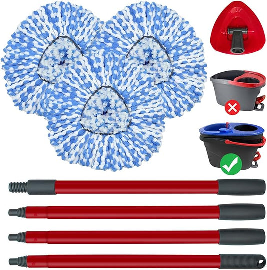 Spin Mop Replace Head, Mop Handle and Base Compatible with Ocedar RinseClean 2-Tank System, 3 Mop Replacement Head, 4-Section Sturdy Iron 30-58in Mop Handle and 1 Triangle Mop Head Cover Combo Set