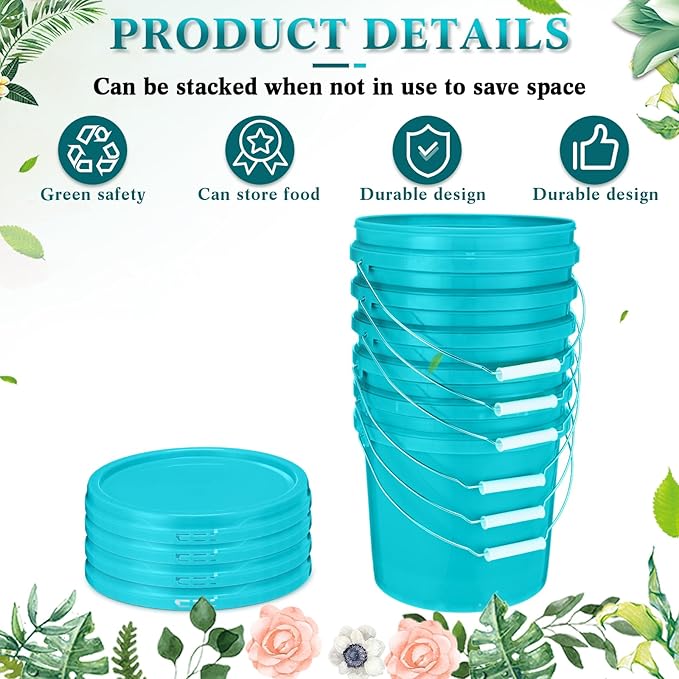 6 Pack 2 Gallon Plastic Bucket with Lid Heavy Duty Pail with Metal Handle Reusable Small Multipurpose Paint Buckets Container for Food Storage(Sky Blue)