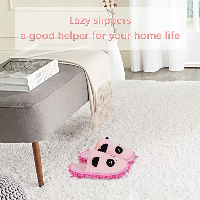 Liitrton 1 Pair Detachable Mop Slippers Shoes Microfiber Chenille Soft Comfortable Dust Dirt Hair Cleaner for Room Bathroom Kitchen Office (Pink Panda)