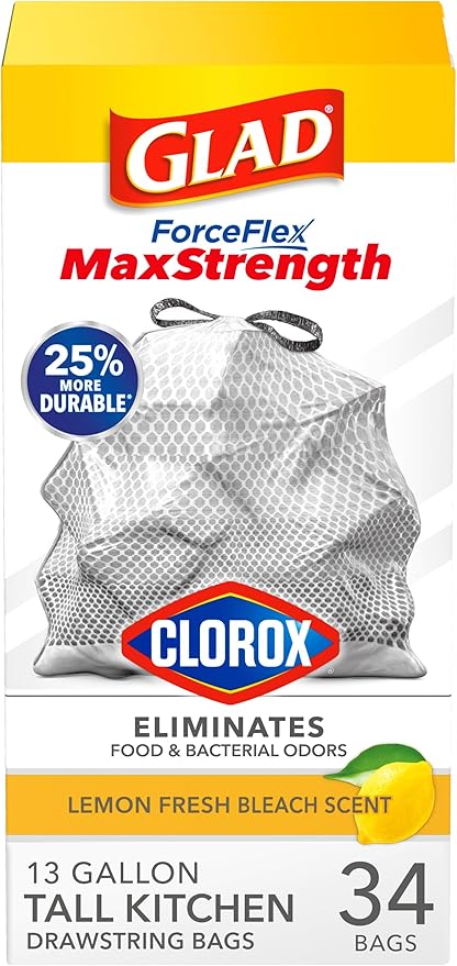 Glad ForceFlex MaxStrength with Clorox Tall Kitchen Trash Bags, 13 Gal, 34 Ct (Package May Vary)