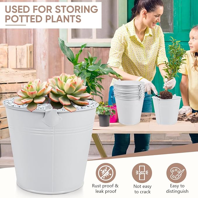 OBTANIM 7 Pack White Metal Buckets with Handle Galvanized Ice Pails for Plants, Succulents, Party Favors Organizing, Rustic Home Decor or Classrooms Pencil Storage (7.1 x 5.2 inch)