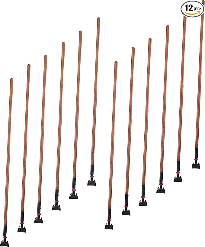 Matthew Cleaning Commercial Quick-Change Dust Mop Handle with Clip-on Metal Gripper for Heavy Duty Mop Head Replacement Holder, Lacquered Wood 60 inch 12packs-Natural