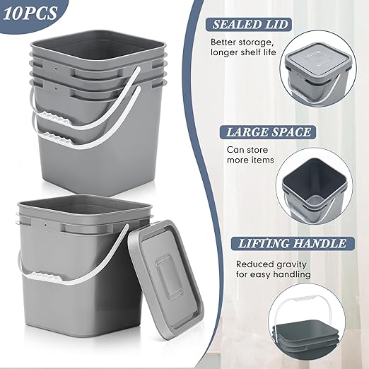 Mumufy 10 Pcs 3.5 Gallon Square Food Grade Bucket with Lid Plastic Pail with Handle and Lid Square Buckets for Storing Dry Food Charcoal Camping Fishing(Grey)